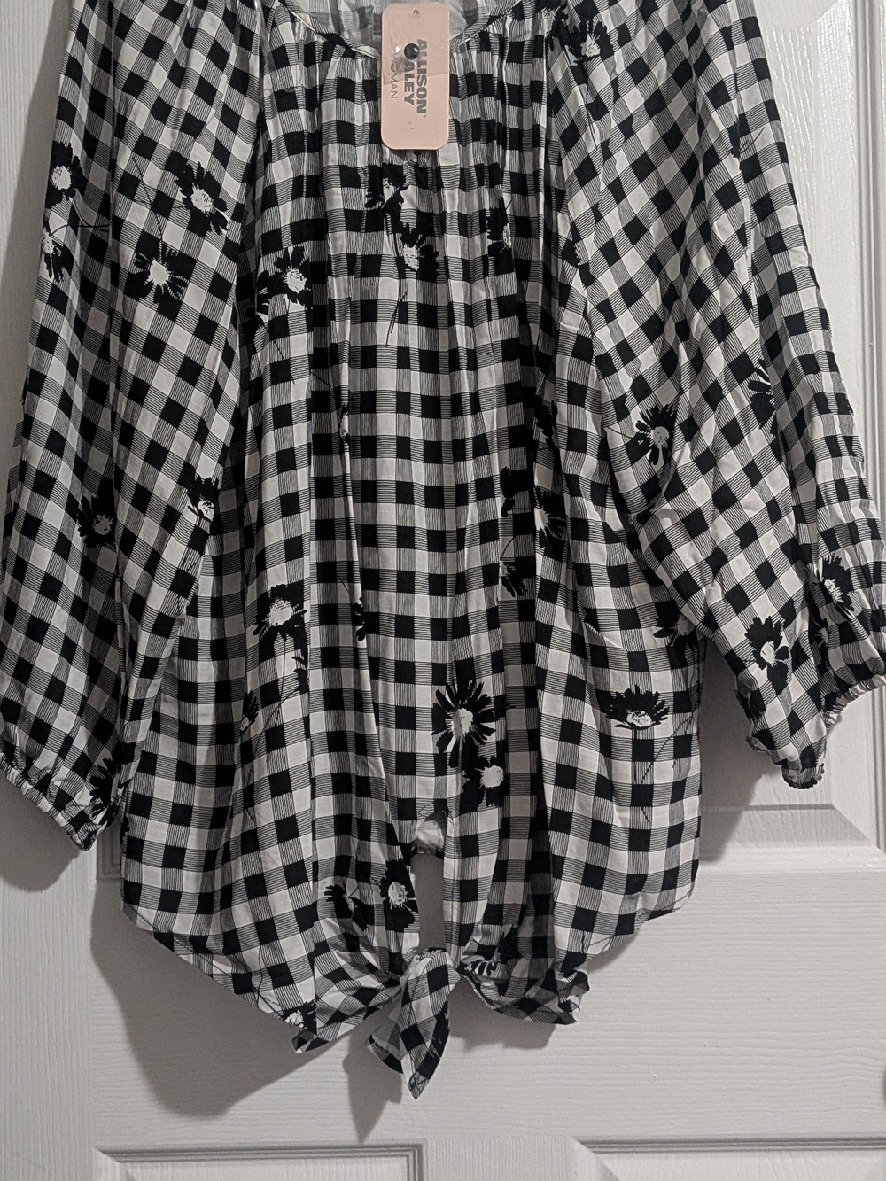 Allison Daley Black & White Gingham Tie-Front Tunic with Floral Print